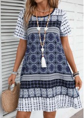 Navy dresses,Tribal dresses,Striped dresses,Geometric dresses,Everyday dresses,Casual dresses,Tribal Print Blue A Line Round Neck Dress