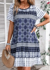 Navy dresses,Tribal dresses,Striped dresses,Geometric dresses,Everyday dresses,Casual dresses,Tribal Print Blue A Line Round Neck Dress