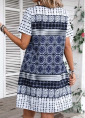Navy dresses,Tribal dresses,Striped dresses,Geometric dresses,Everyday dresses,Casual dresses,Tribal Print Blue A Line Round Neck Dress