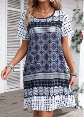 Navy dresses,Tribal dresses,Striped dresses,Geometric dresses,Everyday dresses,Casual dresses,Tribal Print Blue A Line Round Neck Dress