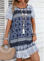 Navy dresses,Tribal dresses,Striped dresses,Geometric dresses,Everyday dresses,Casual dresses,Tribal Print Blue A Line Round Neck Dress