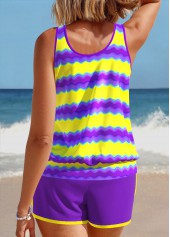 Purple swimwear,Striped swimwear,Geometric swimwear,ROTITA Patchwork Purple Wave Pattern Print Tankini Set
