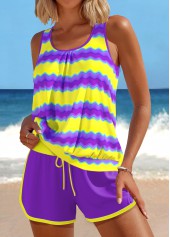 Purple swimwear,Striped swimwear,Geometric swimwear,ROTITA Patchwork Purple Wave Pattern Print Tankini Set