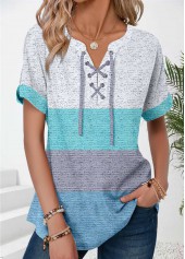 Rotita – Mintgrünes T-Shirt mit Schlitzkragen und Schnürung