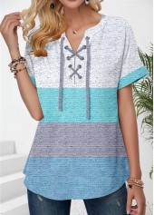 Mint Green tops,Contrast Color tops,ROTITA Lace Up Mint Green Split Neck T Shirt