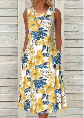 White dresses,Yellow dresses,Floral dresses,Plants dresses,Everyday dresses,Casual dresses,ROTITA Tummy Control Floral Print White Round Neck Sleeveless Dress
