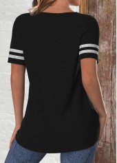 Black tops,Contrast Color tops,ROTITA Patchwork Black Round Neck Short Sleeve T Shirt