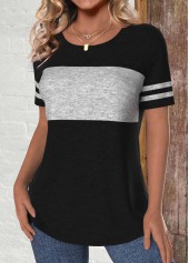 Black tops,Contrast Color tops,ROTITA Patchwork Black Round Neck Short Sleeve T Shirt