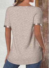 Light Coffee tops,Plain Color tops,ROTITA Patchwork Light Coffee Round Neck Short Sleeve T Shirt