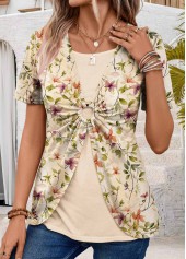 Light Camel tops,Floral tops,Plants tops,ROTITA Floral Print Light Camel T Shirt