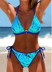 Cyan swimwear,Plants swimwear,ROTITA Circular Ring Cyan Leaf Print Bikini Set