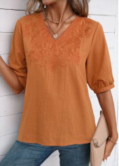 Terracotta tops,Plain Color tops,Embroidery Terracotta V Neck Half Sleeve Blouse