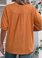 Terracotta tops,Plain Color tops,Embroidery Terracotta V Neck Half Sleeve Blouse