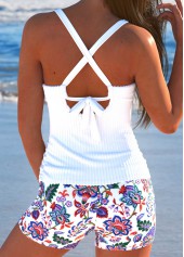 White swimwear,Tribal swimwear,Floral swimwear,Plants swimwear,ROTITA Surplice White Tribal Print Tankini Set