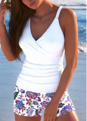 White swimwear,Tribal swimwear,Floral swimwear,Plants swimwear,ROTITA Surplice White Tribal Print Tankini Set