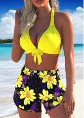 Yellow swimwear,Floral swimwear,Plants swimwear,ROTITA Tie Yellow Floral Print Bikini Set