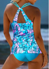 Neon Blue swimwear,Floral swimwear,Plants swimwear,ROTITA Patchwork Neon Blue Floral Print Tankini Set