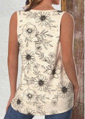 Light Camel tops,Floral tops,Plants tops,ROTITA Pocket Floral Print Light Camel Round Neck Tank Top