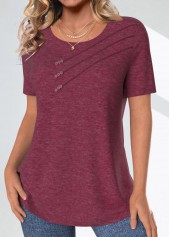 Dark Reddish Purple tops,Plain Color tops,ROTITA Button Dark Reddish Purple Round Neck T Shirt