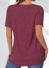 Dark Reddish Purple tops,Plain Color tops,ROTITA Button Dark Reddish Purple Round Neck T Shirt