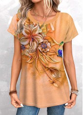 Orange tops,Floral tops,Plants tops,ROTITA Patchwork Floral Print Orange Round Neck T Shirt