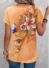 Orange tops,Floral tops,Plants tops,ROTITA Patchwork Floral Print Orange Round Neck T Shirt