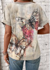 Light Camel tops,Animal Print tops,ROTITA Patchwork Butterfly Print Light Camel V Neck T Shirt