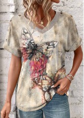 ROTITA Patchwork Butterfly Print Light Camel V Neck T Shirt