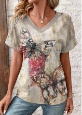 Light Camel tops,Animal Print tops,ROTITA Patchwork Butterfly Print Light Camel V Neck T Shirt
