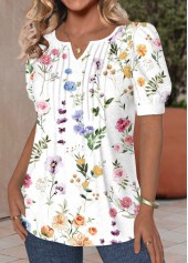 White tops,Floral tops,Plants tops,ROTITA Tuck Stitch Floral Print White Split Neck T Shirt