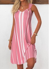 Pink dresses,Striped dresses,Geometric dresses,Dot dresses,Everyday dresses,Casual dresses,ROTITA Breathable Striped Pink A Line V Neck Sleeveless Dress