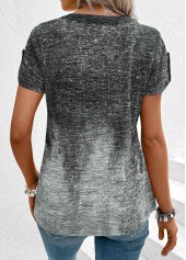 Grey tops,Ombre tops,ROTITA Patchwork Ombre Grey Split Neck Short Sleeve T Shirt