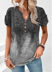 Grey tops,Ombre tops,ROTITA Patchwork Ombre Grey Split Neck Short Sleeve T Shirt