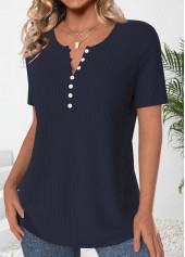 Navy tops,Plain Color tops,ROTITA Button Navy Round Neck Short Sleeve T Shirt