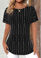 Rotita – leichtes gestreiftes schwarzes T-Shirt mit Rundhalsausschnitt und kurzen Ärmeln