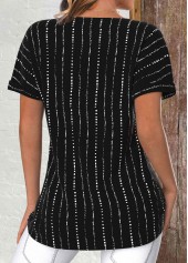 Black tops,Striped tops,Geometric tops,Dot tops,ROTITA Lightweight Striped Black Round Neck Short Sleeve T Shirt
