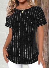 Black tops,Striped tops,Geometric tops,Dot tops,ROTITA Lightweight Striped Black Round Neck Short Sleeve T Shirt
