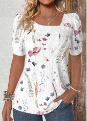 ROTITA Button Floral Print White Asymmetrical Neck T Shirt
