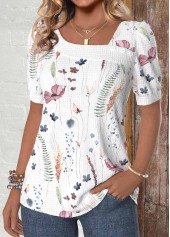 White tops,Floral tops,Plants tops,ROTITA Button Floral Print White Asymmetrical Neck T Shirt
