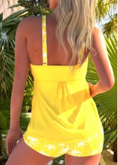 Yellow swimwear,Plants swimwear,ROTITA Smocked Yellow Tropical Plants Print Tankini Set