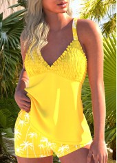 Yellow swimwear,Plants swimwear,ROTITA Smocked Yellow Tropical Plants Print Tankini Set