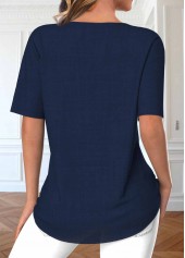 Navy tops,Plain Color tops,ROTITA Button Navy Split Neck Short Sleeve Blouse