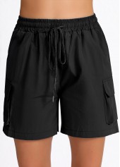 Black bottoms,Plain Color bottoms,ROTITA Pocket Black Elastic Waist High Waisted Shorts