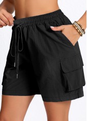 Black bottoms,Plain Color bottoms,ROTITA Pocket Black Elastic Waist High Waisted Shorts
