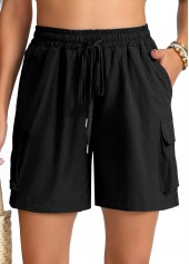 Black bottoms,Plain Color bottoms,ROTITA Pocket Black Elastic Waist High Waisted Shorts