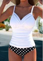 White swimwear,Dot swimwear,Geometric swimwear,ROTITA Surplice White Polka Dot Tankini Set