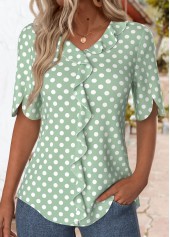 ROTITA Ruffle Polka Dot Green V Neck T Shirt
