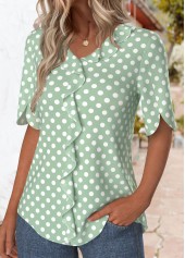Green tops,Dot tops,ROTITA Ruffle Polka Dot Green V Neck T Shirt