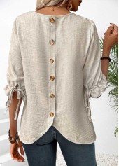 Beige Bluse mit Rundhalsausschnitt und halblangen Ärmeln und Knopfleiste von Rotita