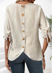 Beige tops,Plain Color tops,ROTITA Button Beige Round Neck Half Sleeve Blouse